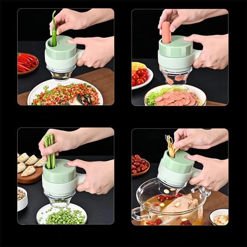 4-in-1 Handheld Electric Vegetable Cutter Set With Open Feeding Port,  Comfortable Grip And One-key Cleaning For Garlic And Veggie Slicing, Green